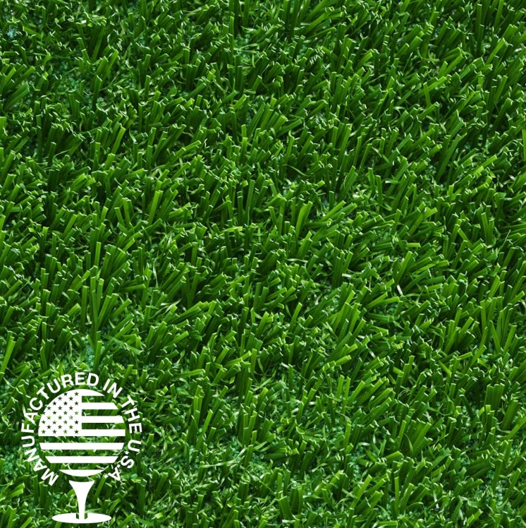 Close up image of artificial grass that is bright green.