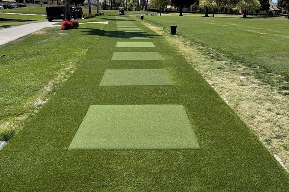 Vancouver Outdoor tee line with light green synthetic grass boxes inside a dark green synthetic grass strip